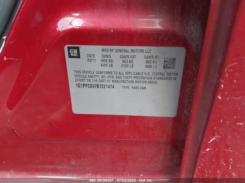 2011 Chevrolet Cruze 1Lt VIN: 1G1PF5S97B7221474 Lot: 39789347