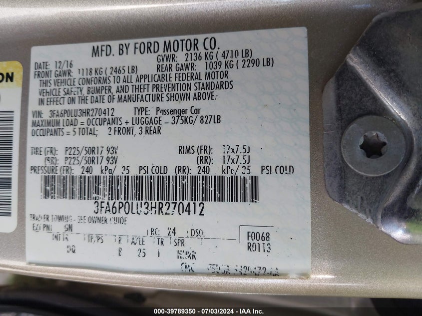 VIN 3FA6P0LU3HR270412 2017 FORD FUSION HYBRID SE