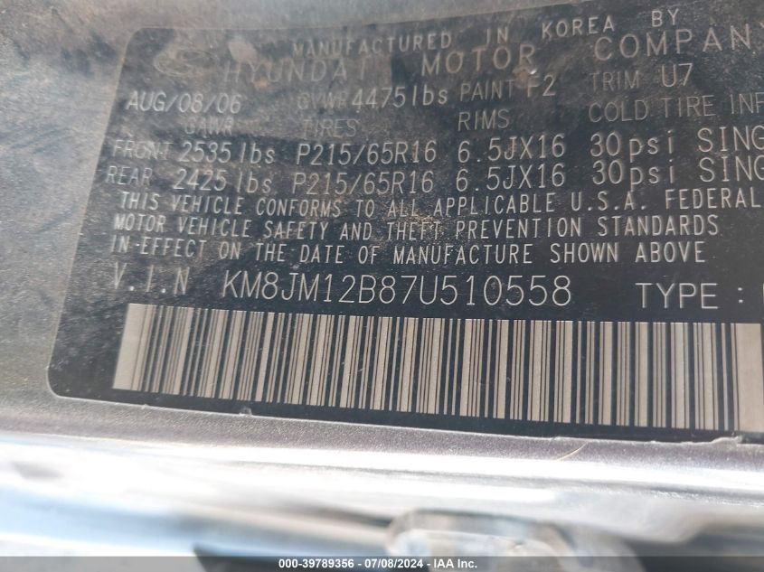 2007 Hyundai Tucson Gls VIN: KM8JM12B87U510558 Lot: 39789356