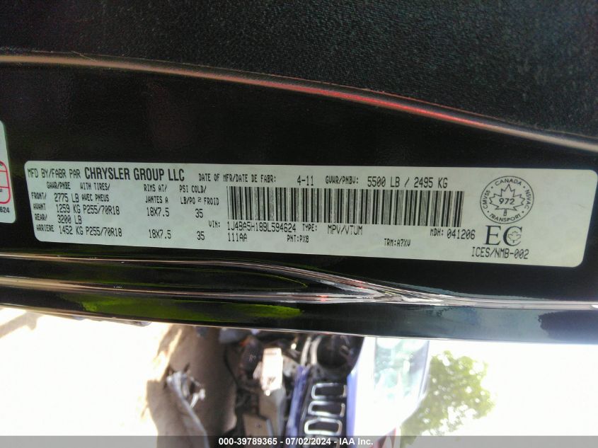 2011 Jeep Wrangler Unlimited Sahara VIN: 1J4BA5H18BL594624 Lot: 39789365