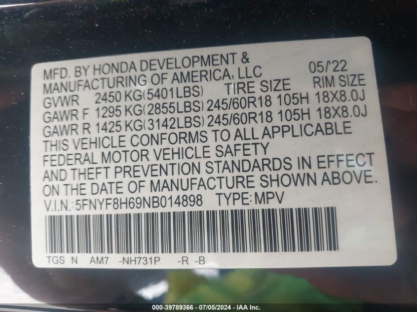 2022 Honda Passport Awd Trailsport VIN: 5FNYF8H69NB014898 Lot: 39789366