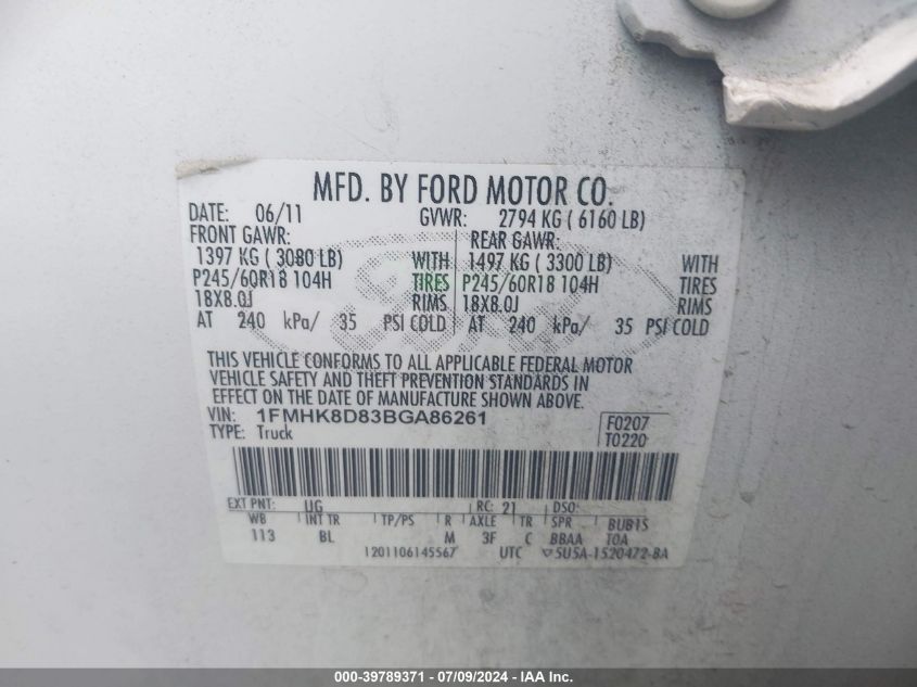 2011 Ford Explorer Xlt VIN: 1FMHK8D83BGA86261 Lot: 39789371