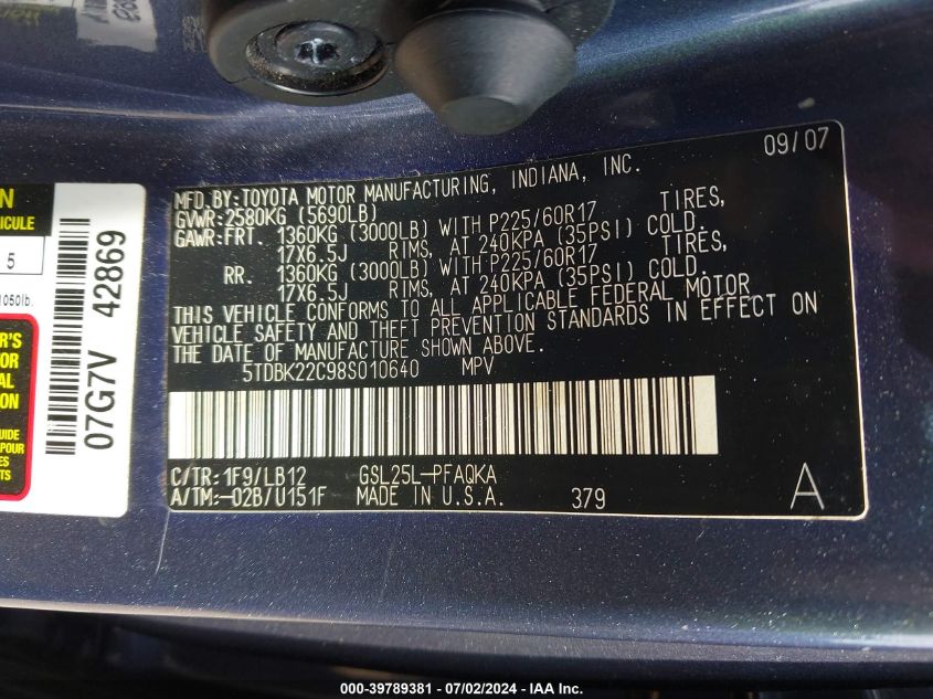 2008 Toyota Sienna Xle VIN: 5TDBK22C98S010640 Lot: 39789381