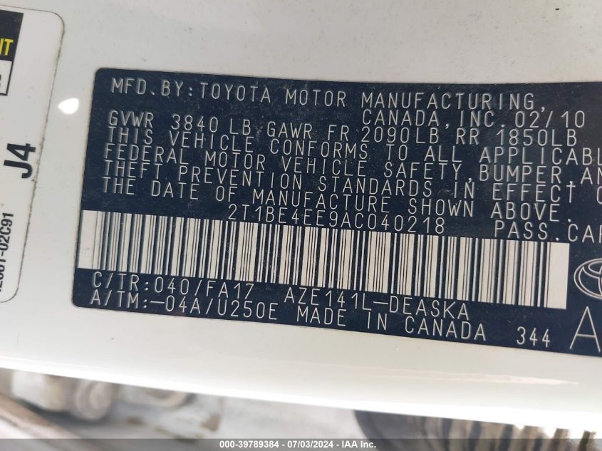 2010 Toyota Corolla Xrs VIN: 2T1BE4EE9AC0218 Lot: 39789384