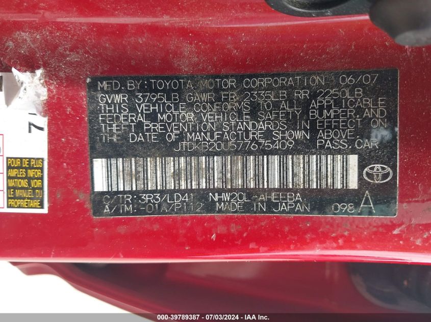 2007 Toyota Prius VIN: JTDKB20U577675409 Lot: 39789387