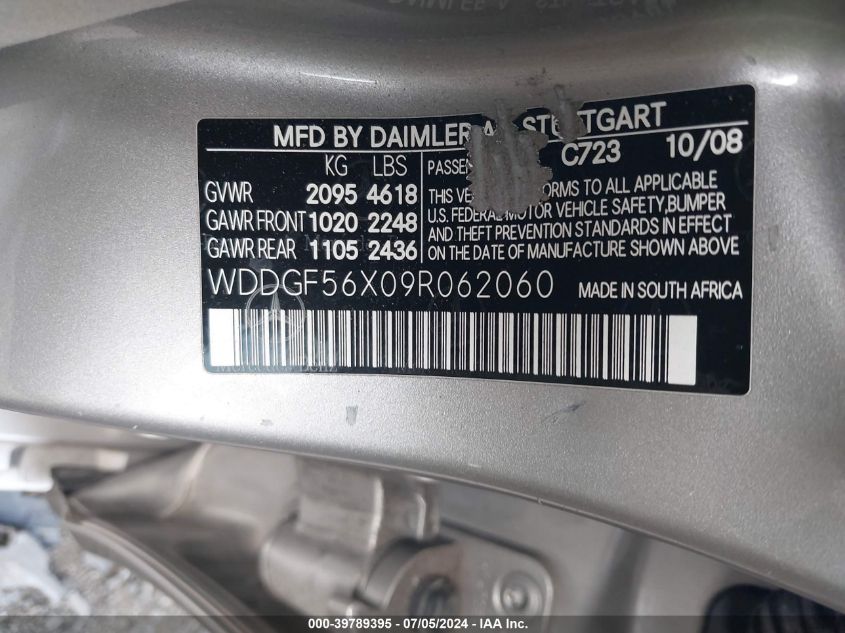 2009 Mercedes-Benz C 350 Sport VIN: WDDGF56X09R062060 Lot: 39789395