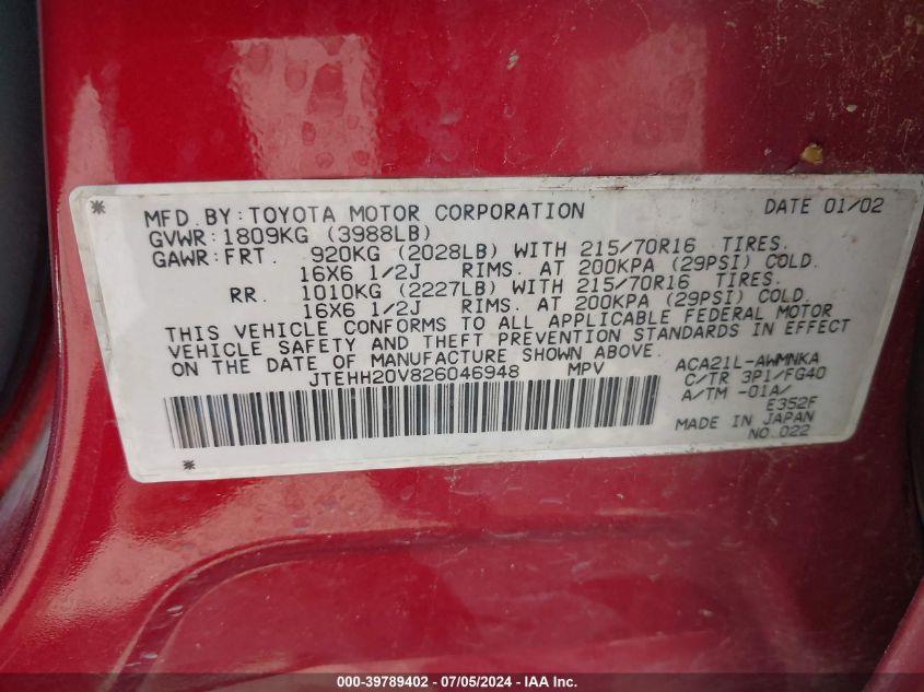 2002 Toyota Rav4 VIN: JTEHH20V826046948 Lot: 39789402