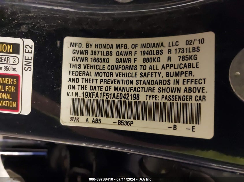 2010 Honda Civic Lx VIN: 19XFA1F51AE042198 Lot: 39789410