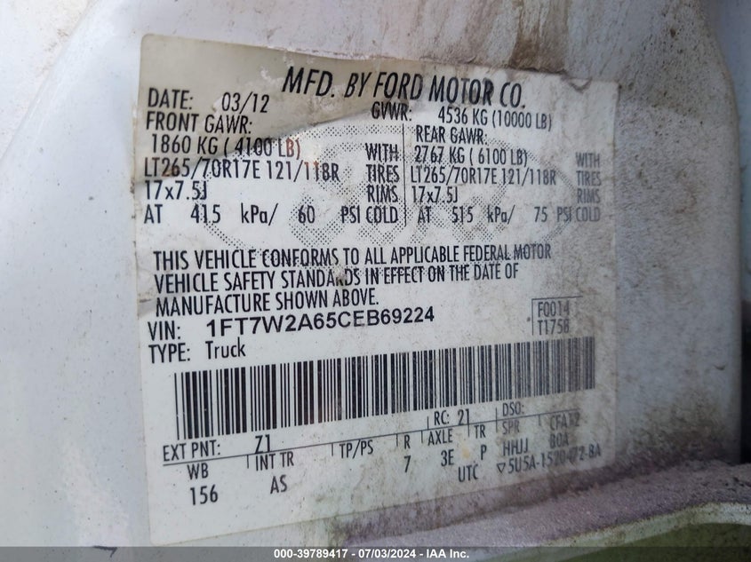 2012 Ford F-250 Xl VIN: 1FT7W2A65CEB69224 Lot: 39789417