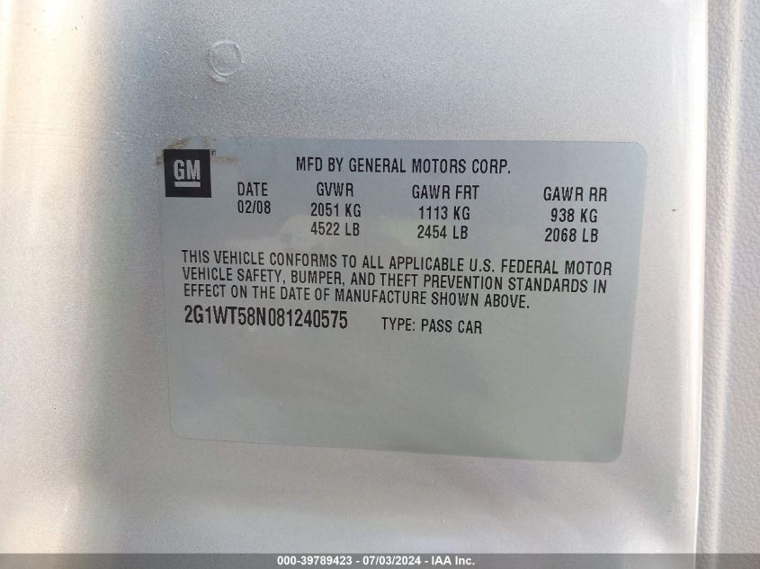 2008 Chevrolet Impala Lt VIN: 2G1WT58N081240575 Lot: 39789423