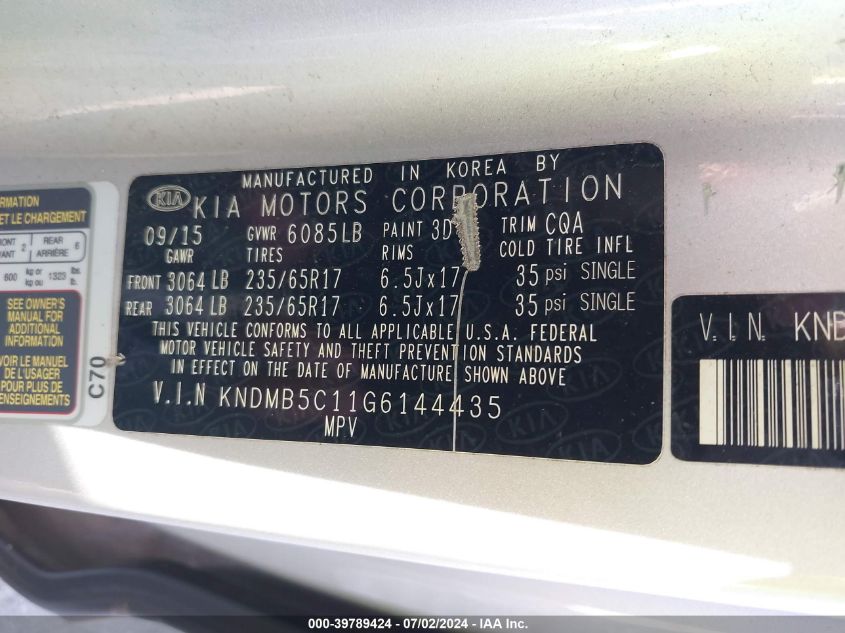 2016 Kia Sedona Lx VIN: KNDMB5C11G6144435 Lot: 39789424