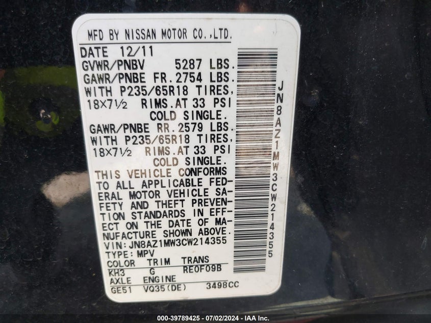 2012 Nissan Murano Sl VIN: JN8AZ1MW3CW214355 Lot: 39789425