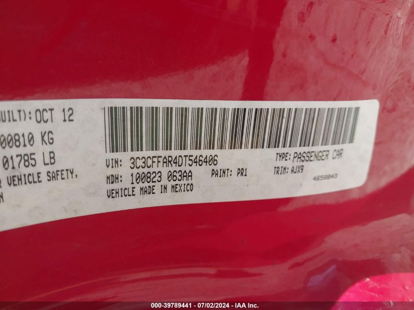 2013 Fiat 500 Pop VIN: 3C3CFFAR4DT546406 Lot: 39789441