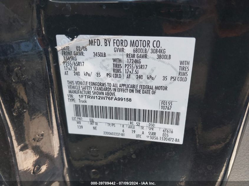 2006 Ford F-150 Xlt VIN: 1FTRW12W76FA99158 Lot: 39789442