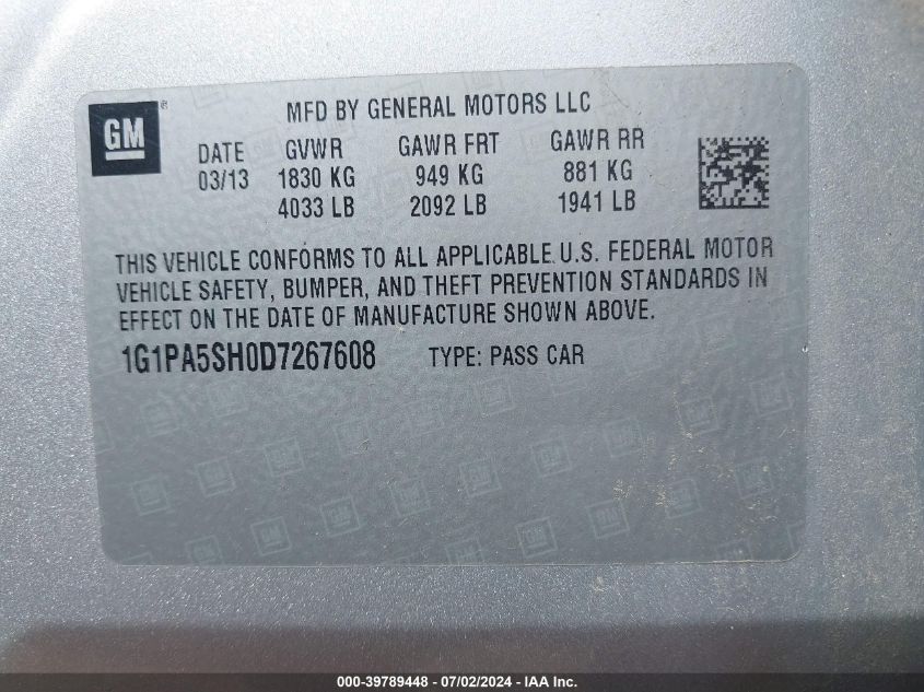 2013 Chevrolet Cruze Ls Auto VIN: 1G1PA5SH0D7267608 Lot: 39789448