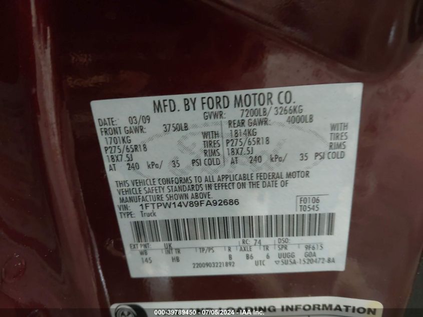 2009 Ford F-150 Lariat VIN: 1FTPW14V89FA92686 Lot: 39789450