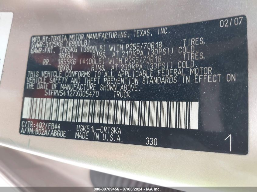 2007 Toyota Tundra Sr5 V8 VIN: 5TFRV54127X005470 Lot: 39789456