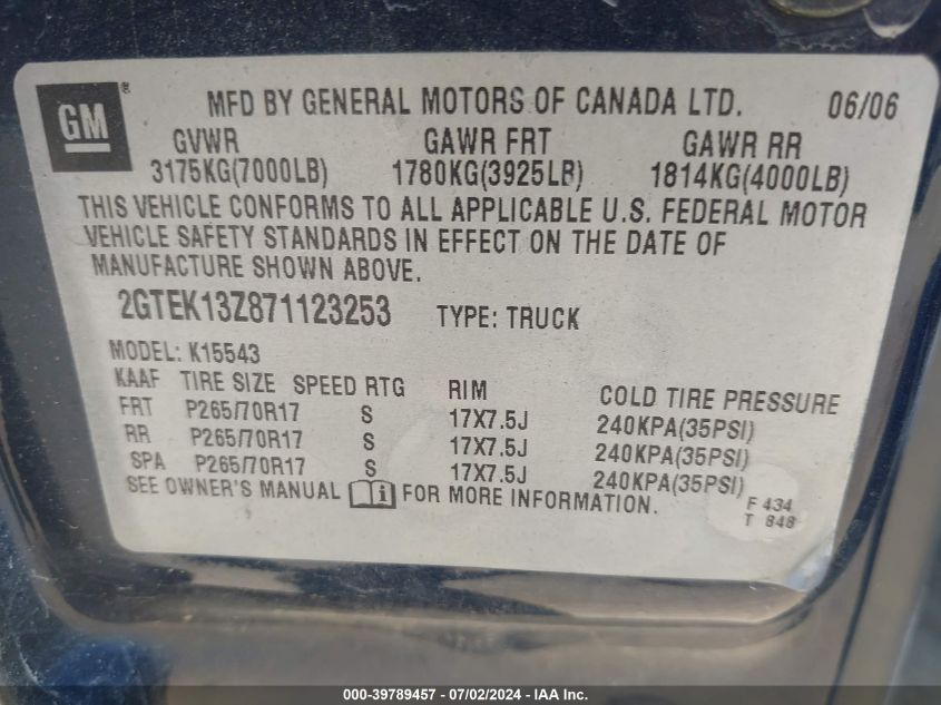 2007 GMC Sierra 1500 Classic Sle2 VIN: 2GTEK13Z871123253 Lot: 39789457