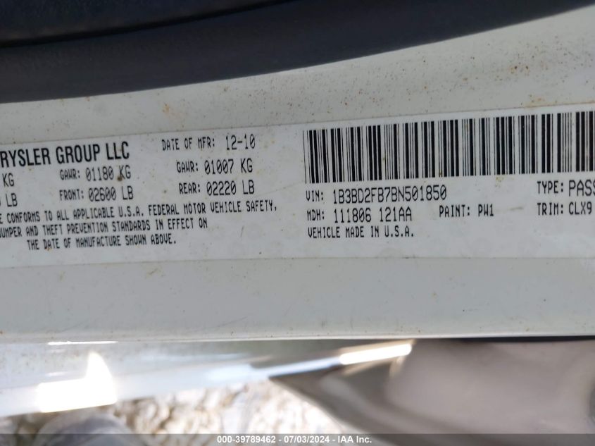 2011 Dodge Avenger Lux VIN: 1B3BD2FB7BN501850 Lot: 39789462