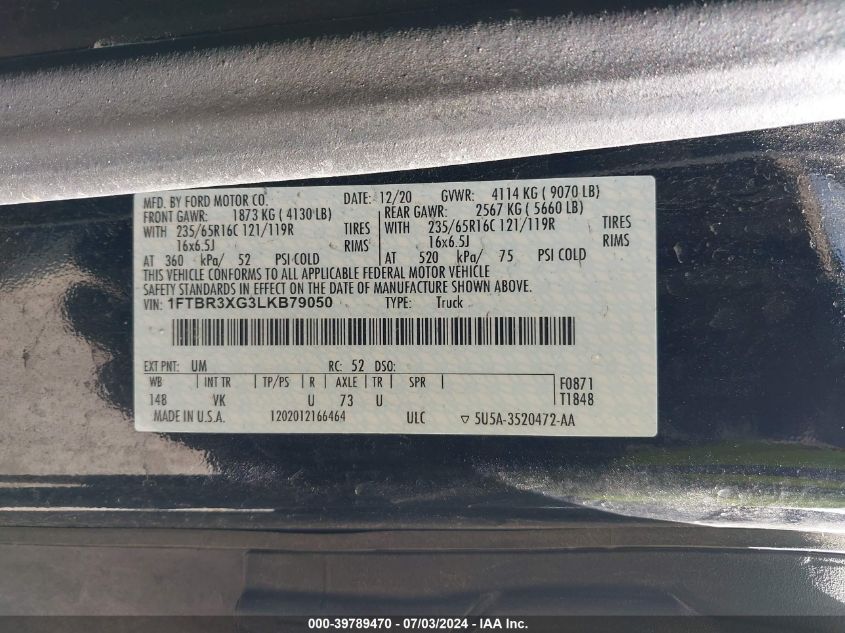 2020 Ford Transit T-250 VIN: 1FTBR3XG3LKB79050 Lot: 39789470