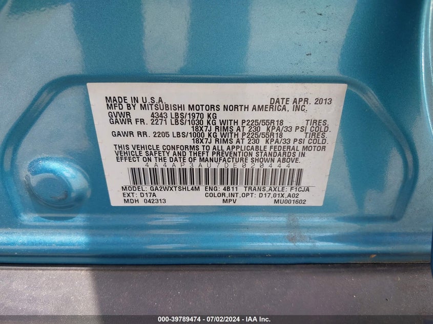 2013 Mitsubishi Outlander Sport Es VIN: 4A4AP3AU7DE020444 Lot: 39789474