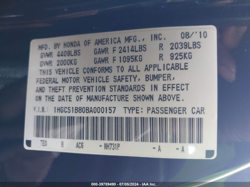 2011 Honda Accord 2.4 Ex-L VIN: 1HGCS1B80BA000157 Lot: 39789490