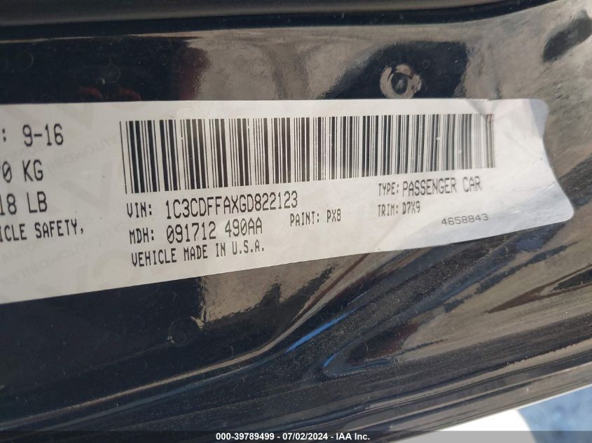 2016 Dodge Dart Sxt Sport Blacktop VIN: 1C3CDFFAXGD822123 Lot: 39789499