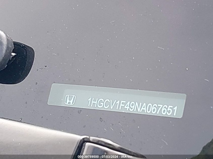 2022 Honda Accord Sport Special Edition VIN: 1HGCV1F49NA067651 Lot: 39789500