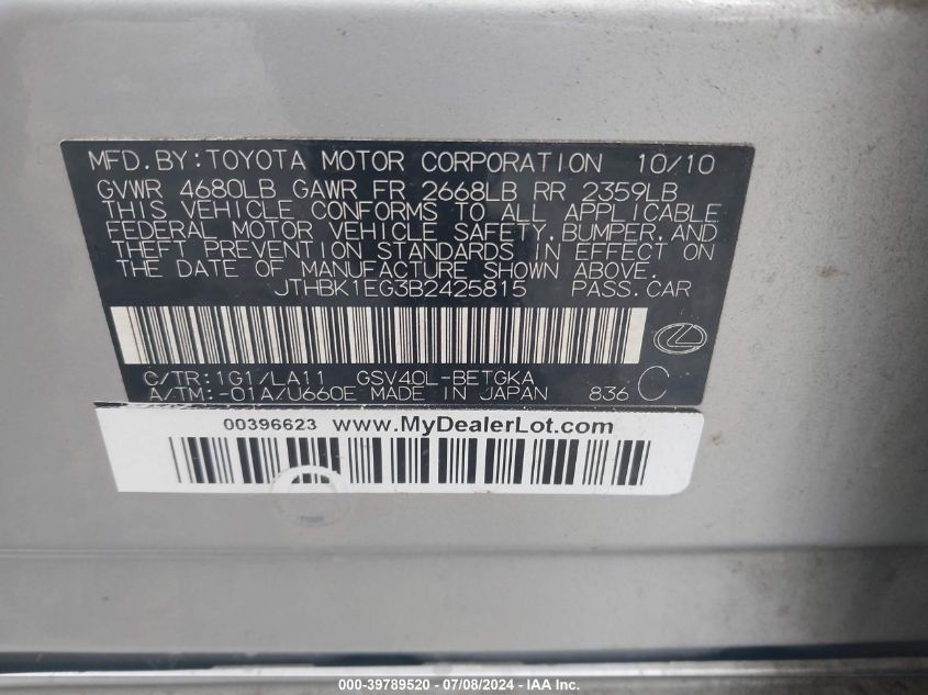 2011 Lexus Es 350 VIN: JTHBK1EG3B2425815 Lot: 39789520