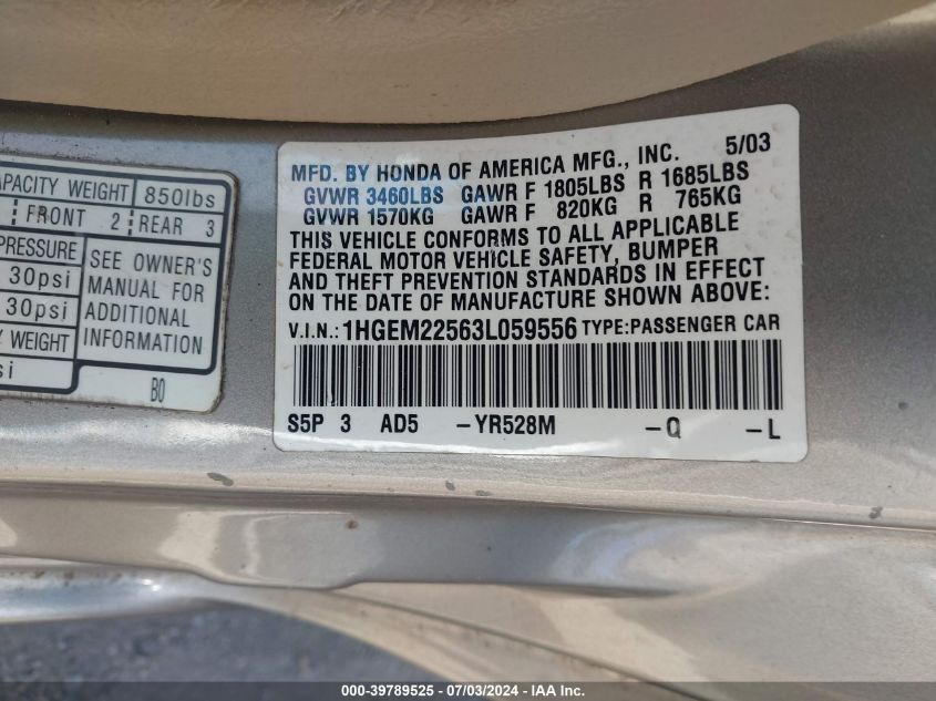 2003 Honda Civic Lx VIN: 1HGEM22563L059556 Lot: 39789525