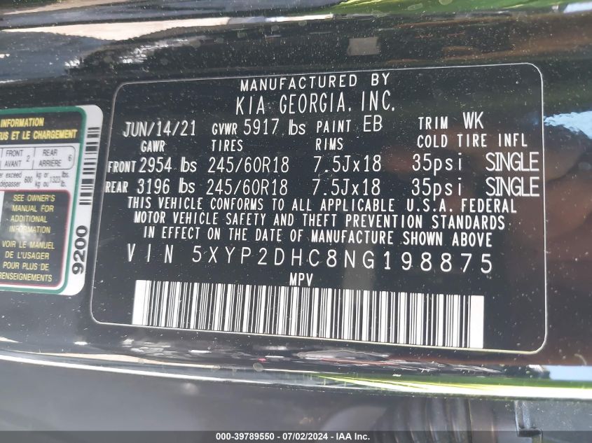 2022 Kia Telluride Lx VIN: 5XYP2DHC8NG198875 Lot: 39789550