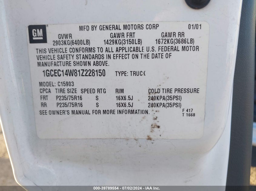 2001 Chevrolet Silverado 1500 VIN: 1GCEC14W81Z228150 Lot: 39789554