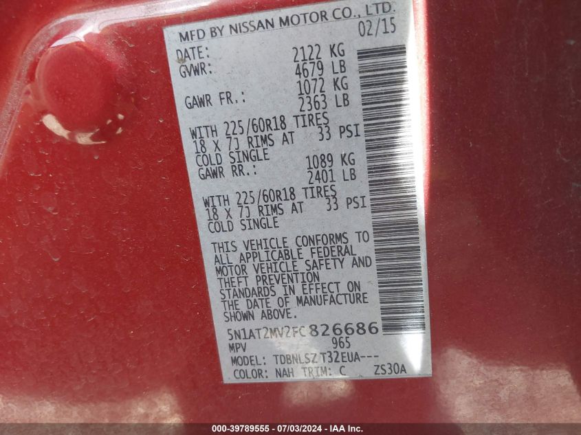 2015 Nissan Rogue Sl VIN: 5N1AT2MV2FC826686 Lot: 39789555