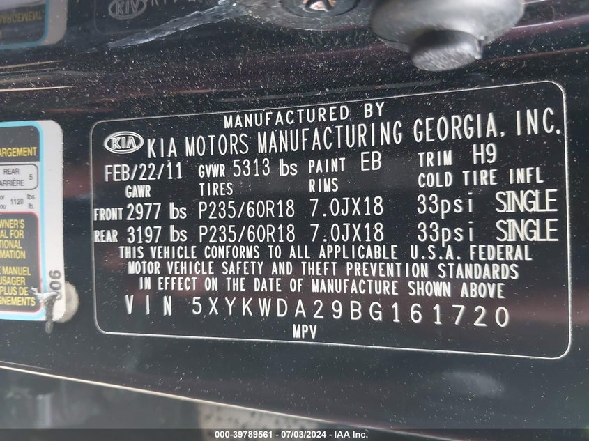 2011 Kia Sorento Sx VIN: 5XYKWDA29BG161720 Lot: 39789561