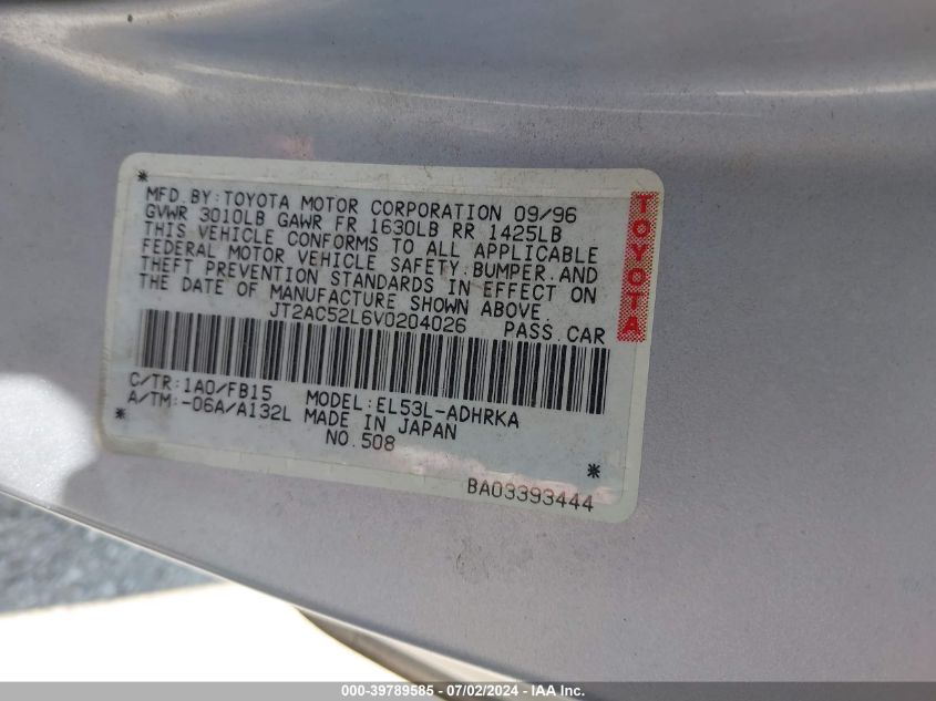 1997 Toyota Tercel Ce VIN: JT2AC52L6V0204026 Lot: 39789585