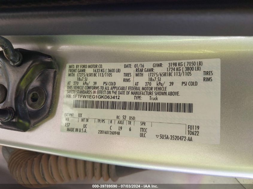 1FTFW1EG1GKD63412 2016 Ford F-150 Xlt