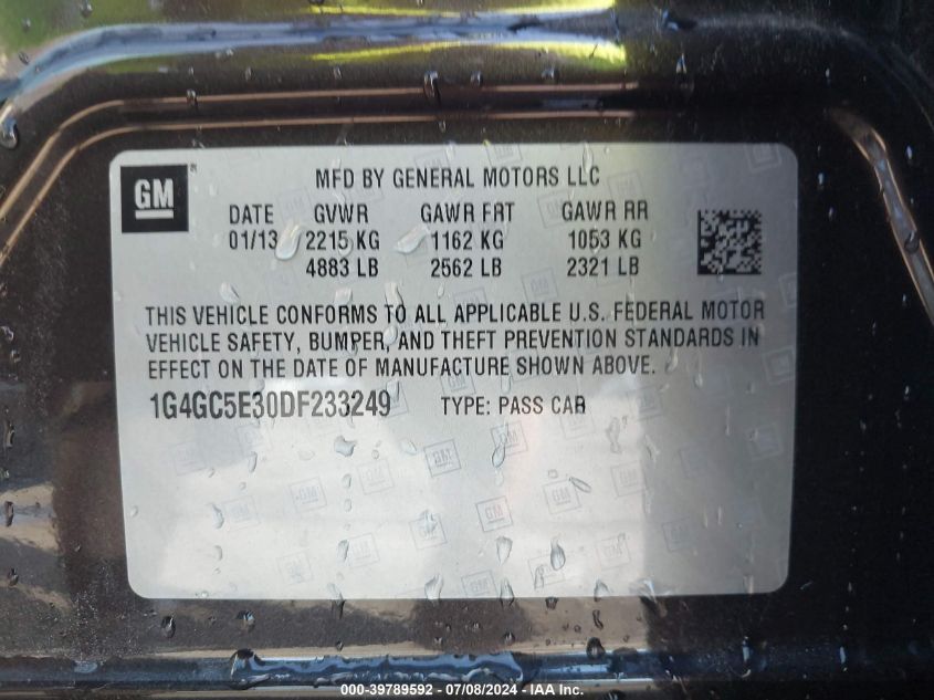 2013 Buick Lacrosse Leather Group VIN: 1G4GC5E30DF233249 Lot: 39789592