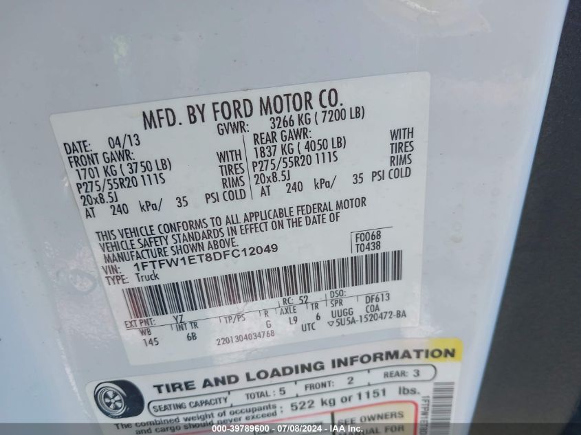 2013 Ford F-150 Fx4 VIN: 1FTFW1ET8DFC12049 Lot: 39789600