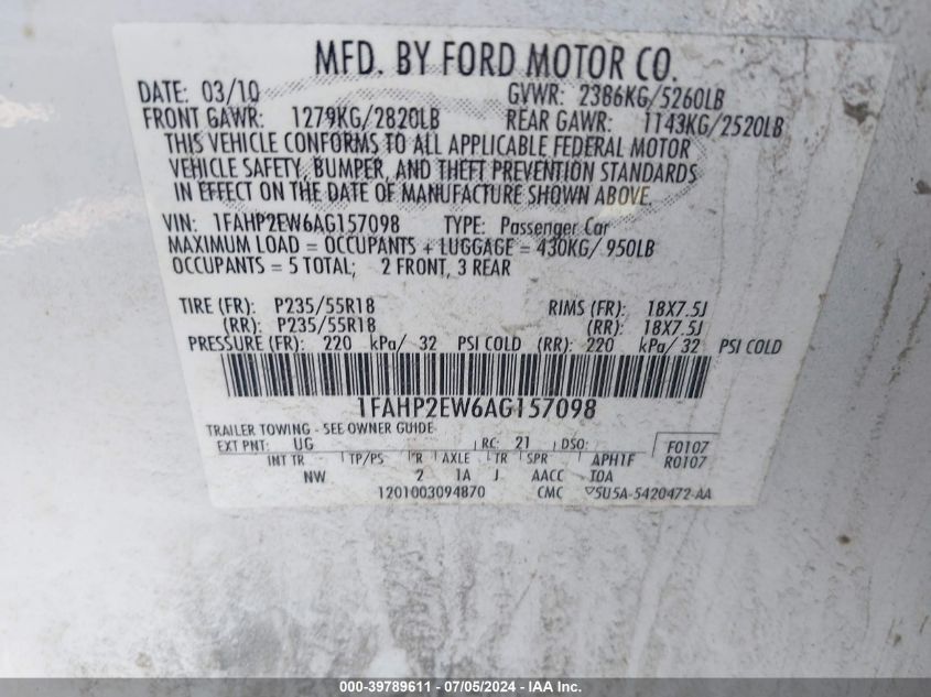 2010 Ford Taurus Sel VIN: 1FAHP2EW6AG157098 Lot: 39789611