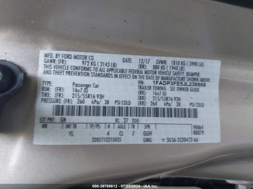 2018 Ford Focus Se VIN: 1FADP3FE5JL238868 Lot: 39789612