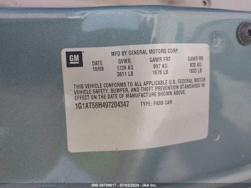 2009 Chevrolet Cobalt Lt VIN: 1G1AT58H497204347 Lot: 39789617