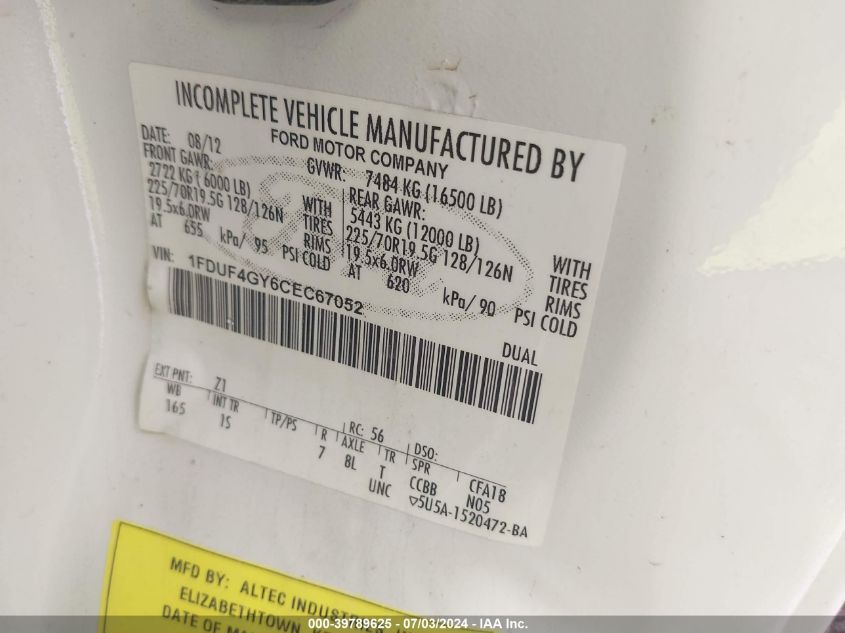 2012 Ford F450 Super Duty VIN: 1FDUF4GY6CEC67052 Lot: 39789625