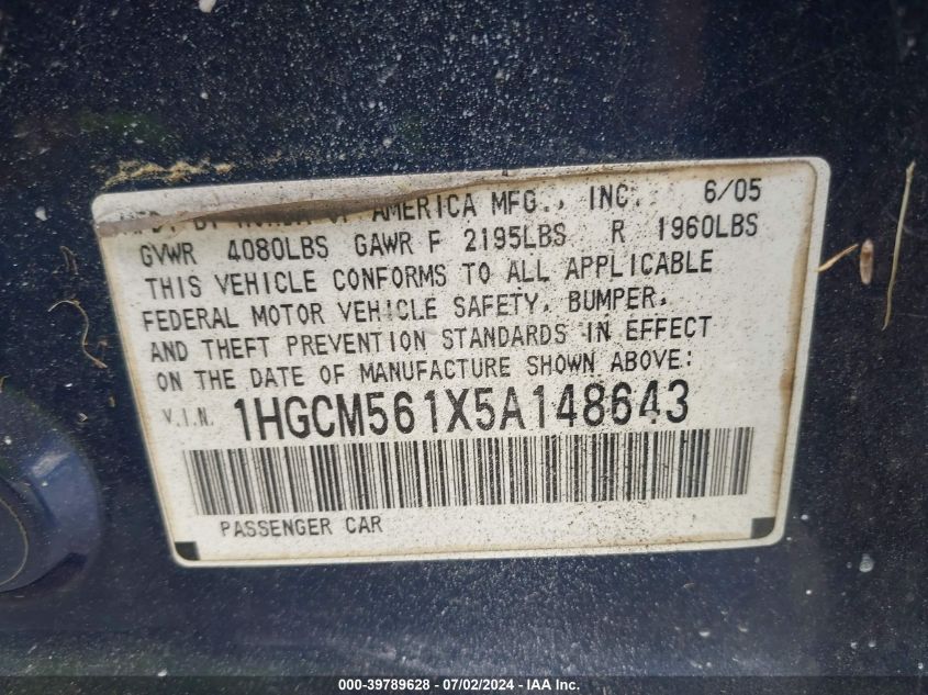 2005 Honda Accord 2.4 Dx VIN: 1HGCM561X5A148643 Lot: 39789628