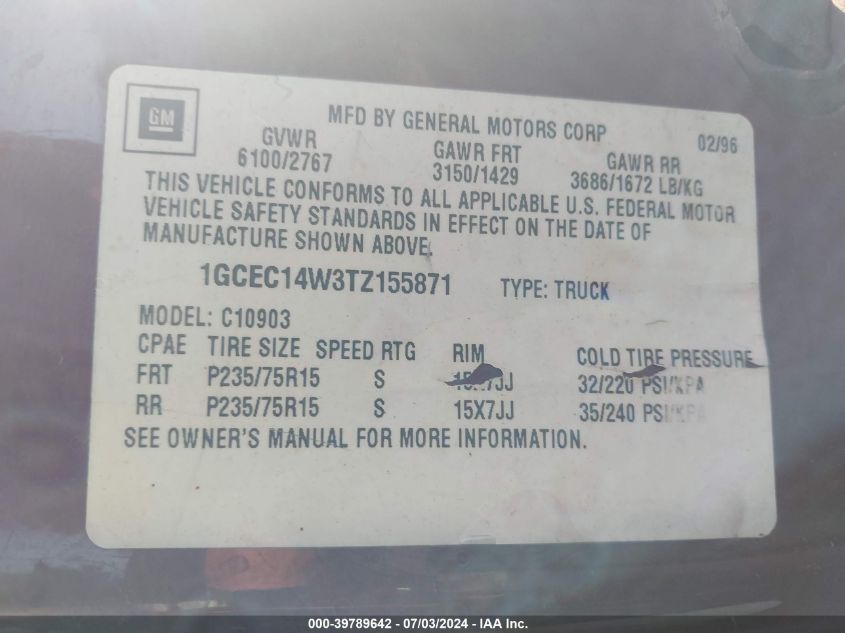 1996 Chevrolet Gmt-400 C1500 VIN: 1GCEC14W3TZ155871 Lot: 39789642