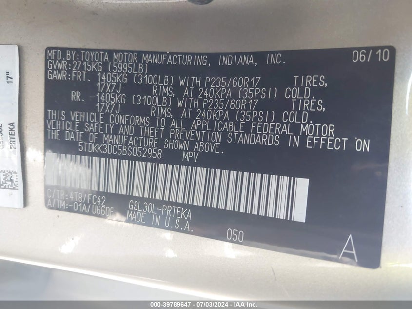 2011 Toyota Sienna Le V6 VIN: 5TDKK3DC5BS052958 Lot: 39789647