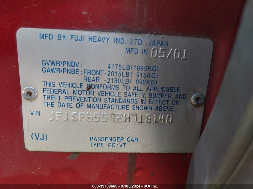 2002 Subaru Forester S VIN: JF1SF65592H718140 Lot: 39789665