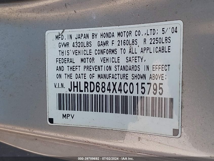 2004 Honda Cr-V Lx VIN: JHLRD684X4C015795 Lot: 39789692