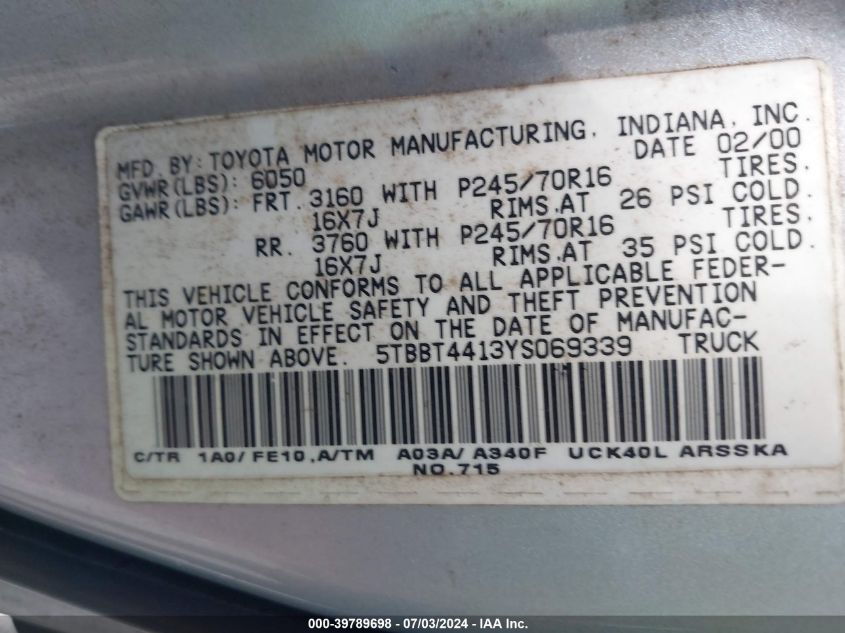 2000 Toyota Tundra Sr5 V8 VIN: 5TBBT4413YS069339 Lot: 39789698