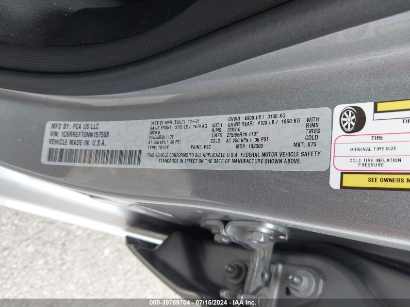 2022 Ram 1500 Big Horn 4X2 5'7 Box VIN: 1C6RREFT0NN157508 Lot: 39789704