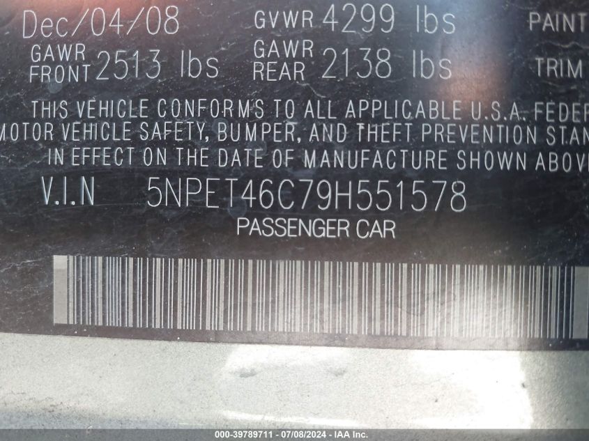 2009 Hyundai Sonata Gls VIN: 5NPET46C79H551578 Lot: 39789711